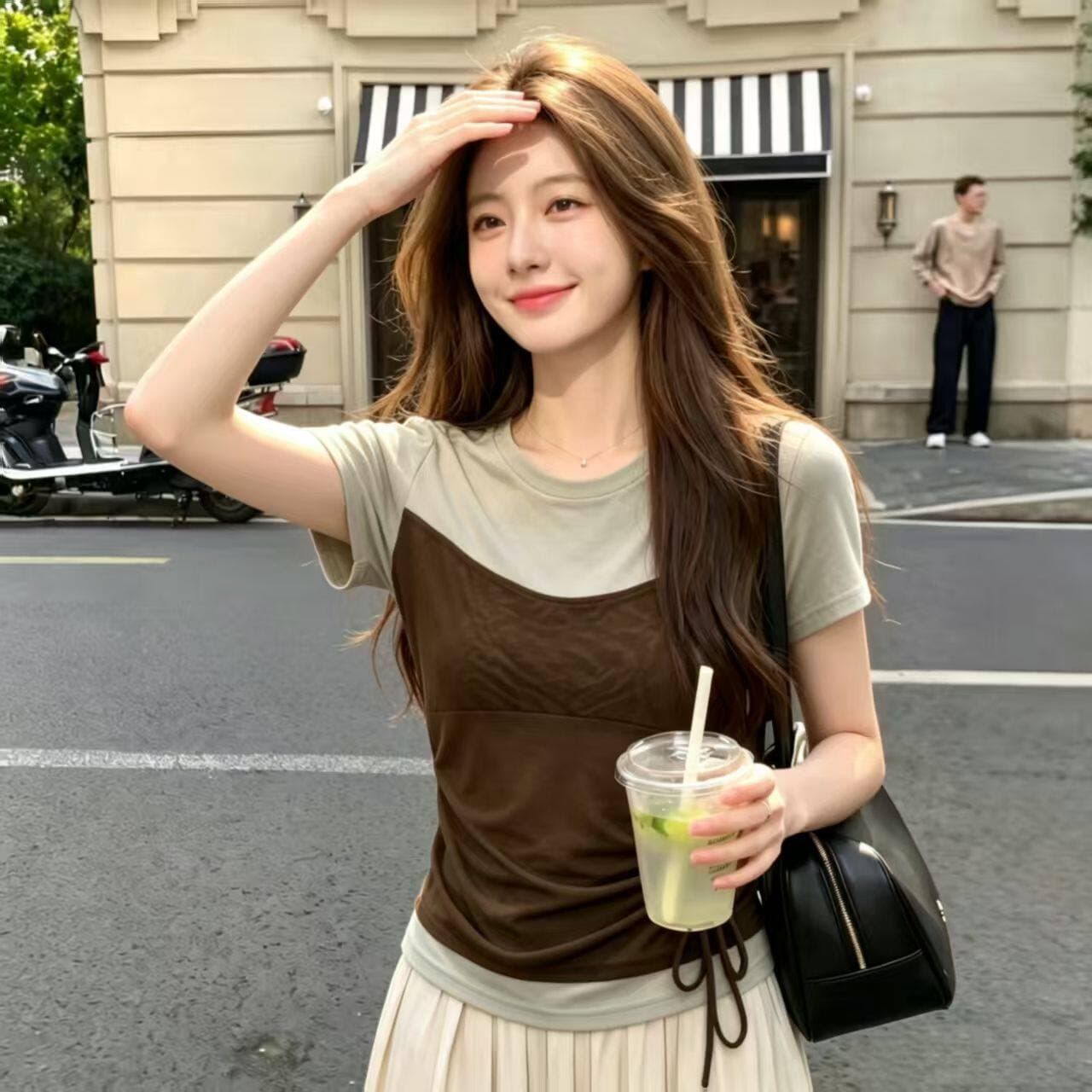 차가운 실크 차가운 면 리브 빅 사이즈 여성 망사 패치워크 긍정적 인 어깨 반팔 티셔츠 여성 여름 새로운 페이크 레이어드 맨위 상세 이미지 5