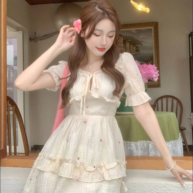프랑스식 광장 칼라 드레스 허리 수축 슬림해 보이는 쇼트 스타일 품격 치마 작은 꽃 센 부서 살구 색상 드레스 이미지 2