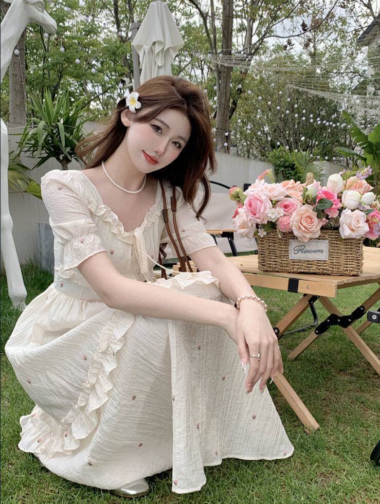 프랑스식 광장 칼라 드레스 허리 수축 슬림해 보이는 쇼트 스타일 품격 치마 작은 꽃 센 부서 살구 색상 드레스 상세 이미지 5