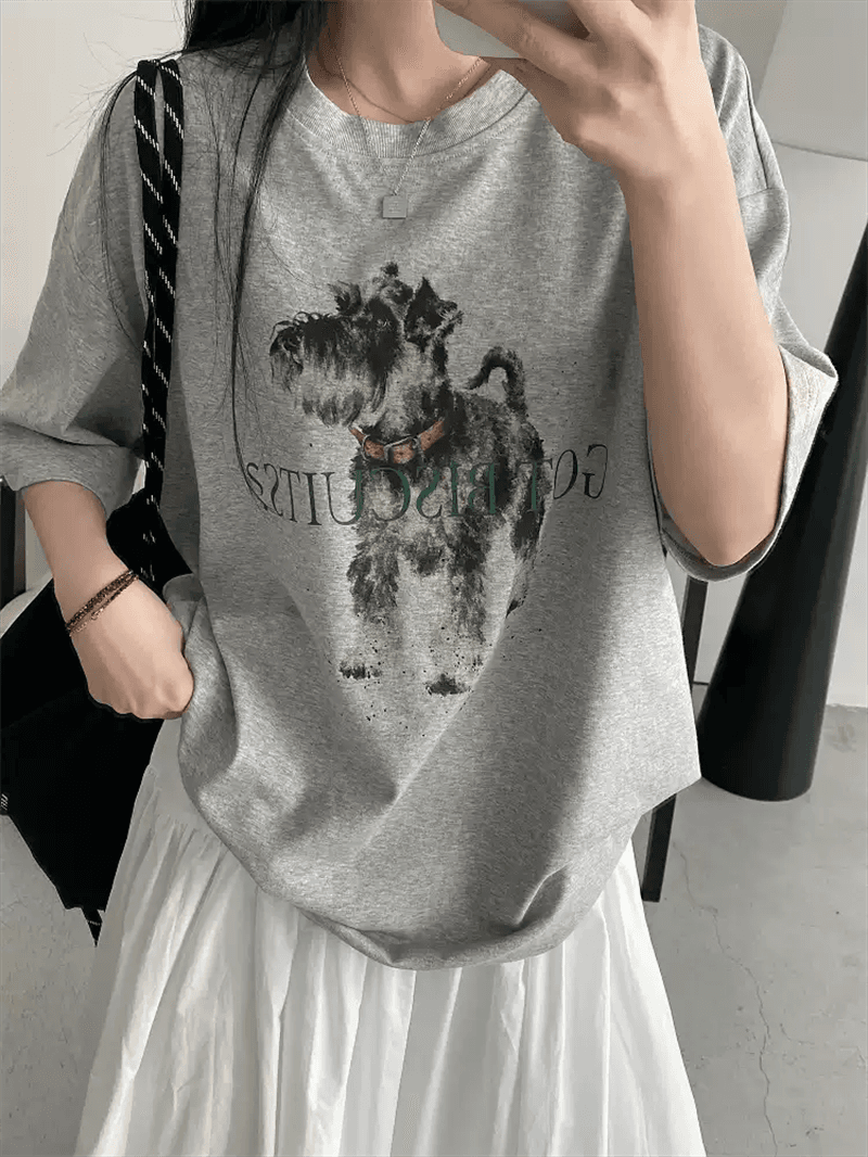21 순면 210 그램 이후 패키지 칼라 여름 드레스 한 부서 반팔 티셔츠 여성 한국 스타일 루즈핏 빅 사이즈 프린트 상세 이미지 2