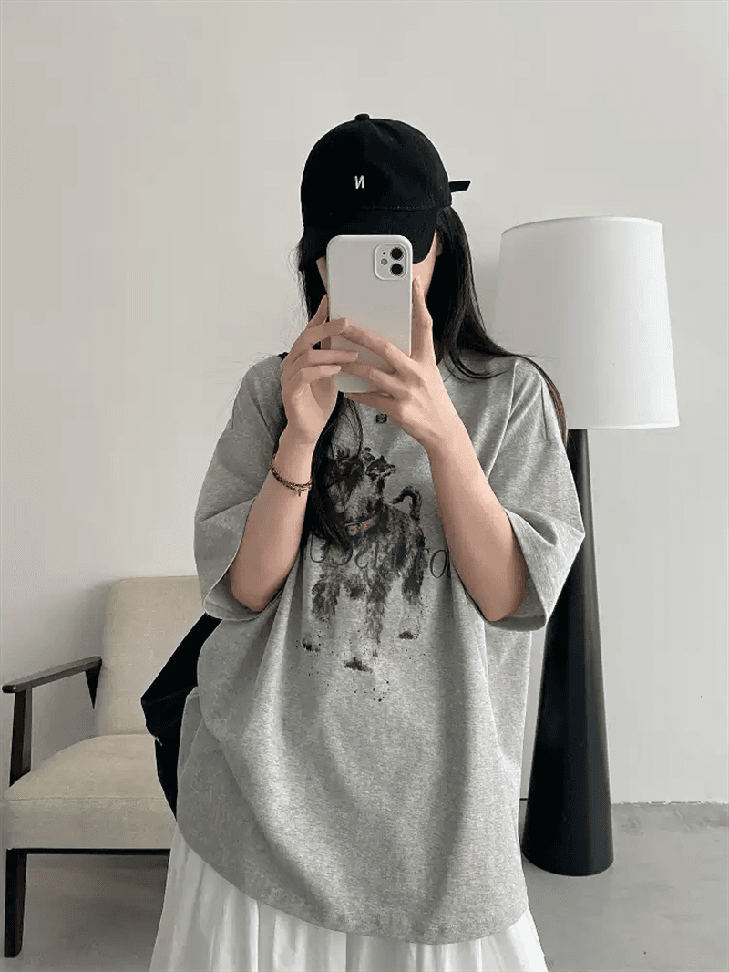 21 순면 210 그램 이후 패키지 칼라 여름 드레스 한 부서 반팔 티셔츠 여성 한국 스타일 루즈핏 빅 사이즈 프린트 상세 이미지 4