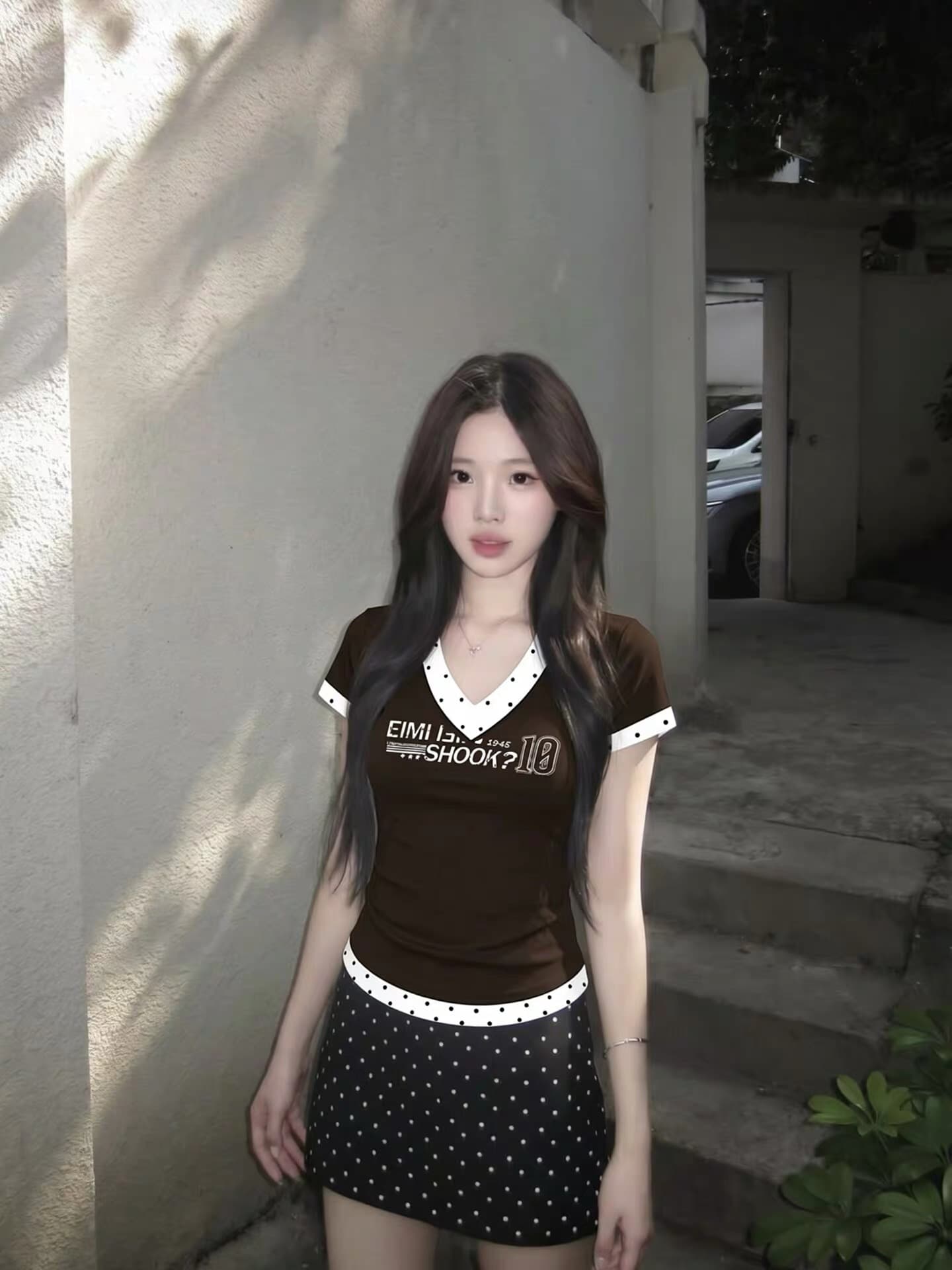220 그램 40 빗질하다 92 면 8 암모니아 Lun 패치워크 도트 무늬 V넥 신축성 긍정적 인 어깨 몸매 가꾸기 반팔 티셔츠 여성 이미지 2