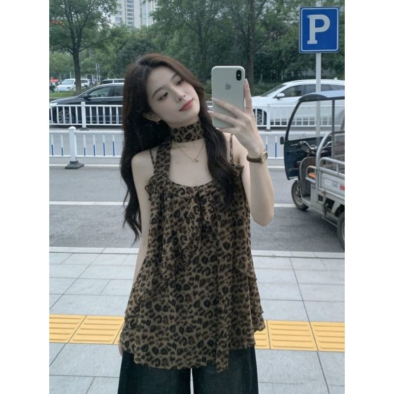 원본 양면 레오파드 무늬 원단 안감 핫걸 레오파드 무늬 프린트 V넥 캐미솔 외출용 맨위 이미지 2