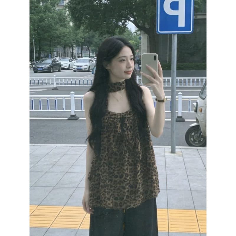 원본 양면 레오파드 무늬 원단 안감 핫걸 레오파드 무늬 프린트 V넥 캐미솔 외출용 맨위 이미지 4