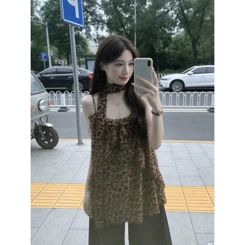원본 양면 레오파드 무늬 원단 안감 핫걸 레오파드 무늬 프린트 V넥 캐미솔 외출용 맨위 이미지 3