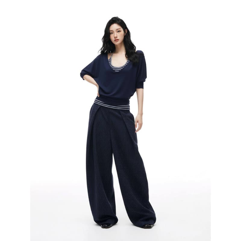 원본 사람들 면 260 그램 해군 사실 두 조각 맨위 스트라이프 슬립 패치워크 V넥 슬림해 보이는 블라우스 이미지 4