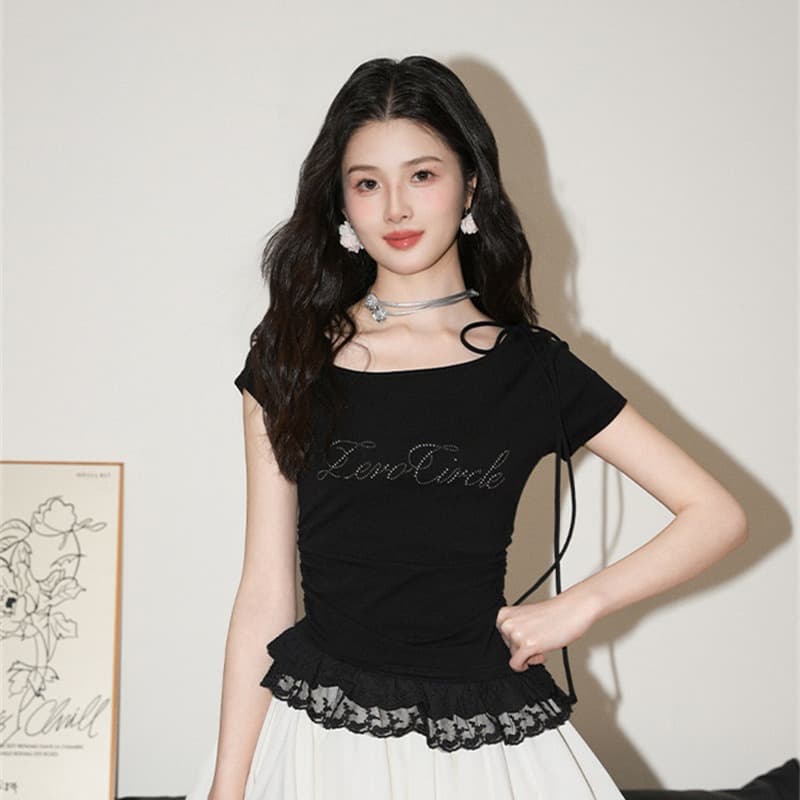 260 그램 1 1 인 면 비스듬한 칼라 레이스 레이스 패치워크 밑단 반팔 여성 여름 핫걸 맨위 이미지 5