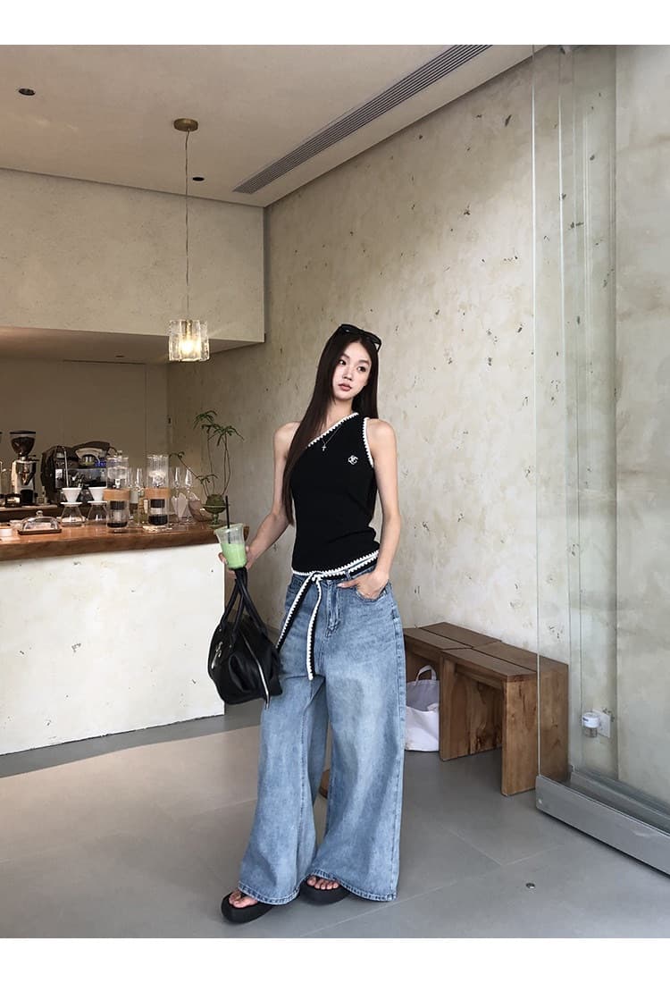 와 사고 방식 캐미솔 여름 외출용 검정색 몸매 가꾸기 디자인 센스 오프숄더 비스듬한 어깨 민소매 맨위 상세 이미지 4