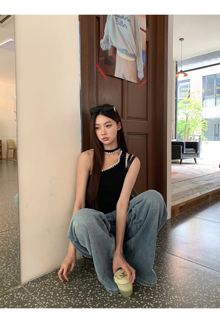 와 사고 방식 캐미솔 여름 외출용 검정색 몸매 가꾸기 디자인 센스 오프숄더 비스듬한 어깨 민소매 맨위 상세 이미지 18