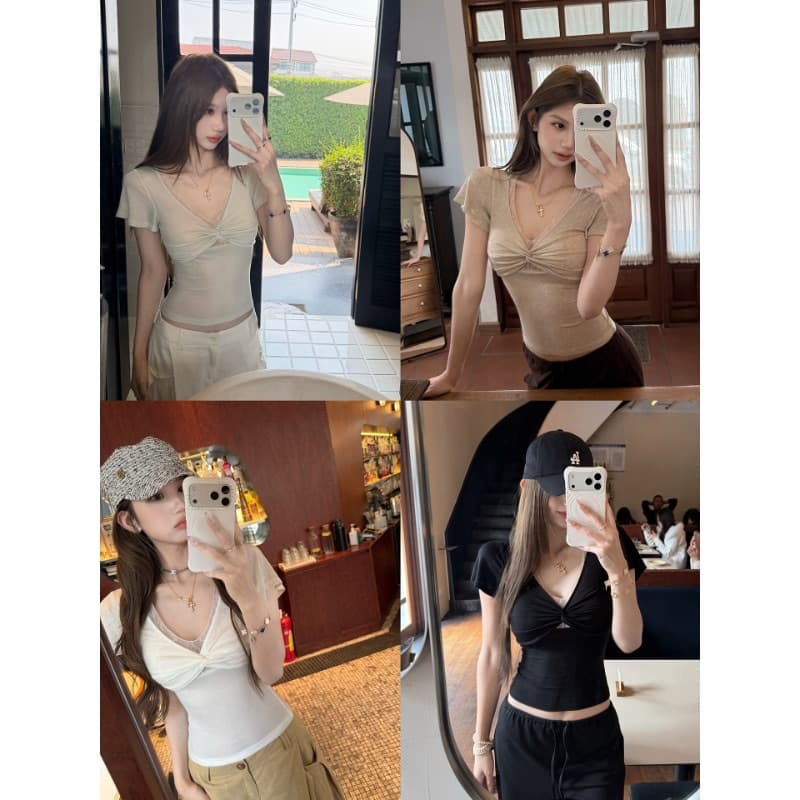 원본 원단 검정색 V넥 페이크 레이어드 반팔 레이스 비틀림 반팔 티셔츠 여성 몸매 가꾸기 슬림해 보이는 맨위 이미지 5