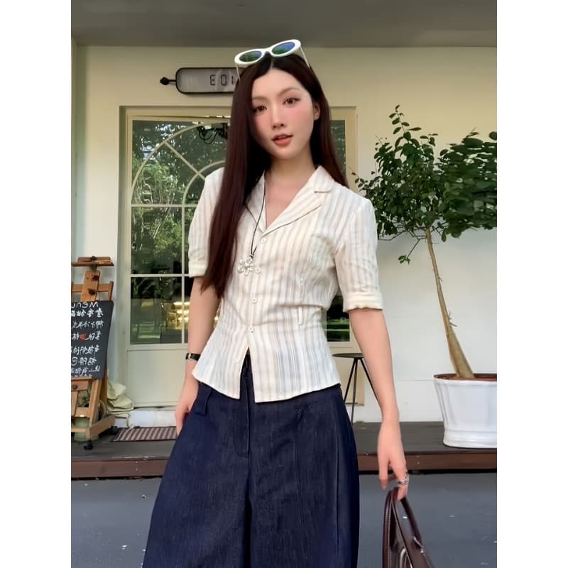 원본 순면 컬러 짜임 아메리칸 스트라이프 반팔 여성 셔츠 여름 정장 칼라 셔츠 허리 수축 슬림해 보이는 맨위 이미지 3