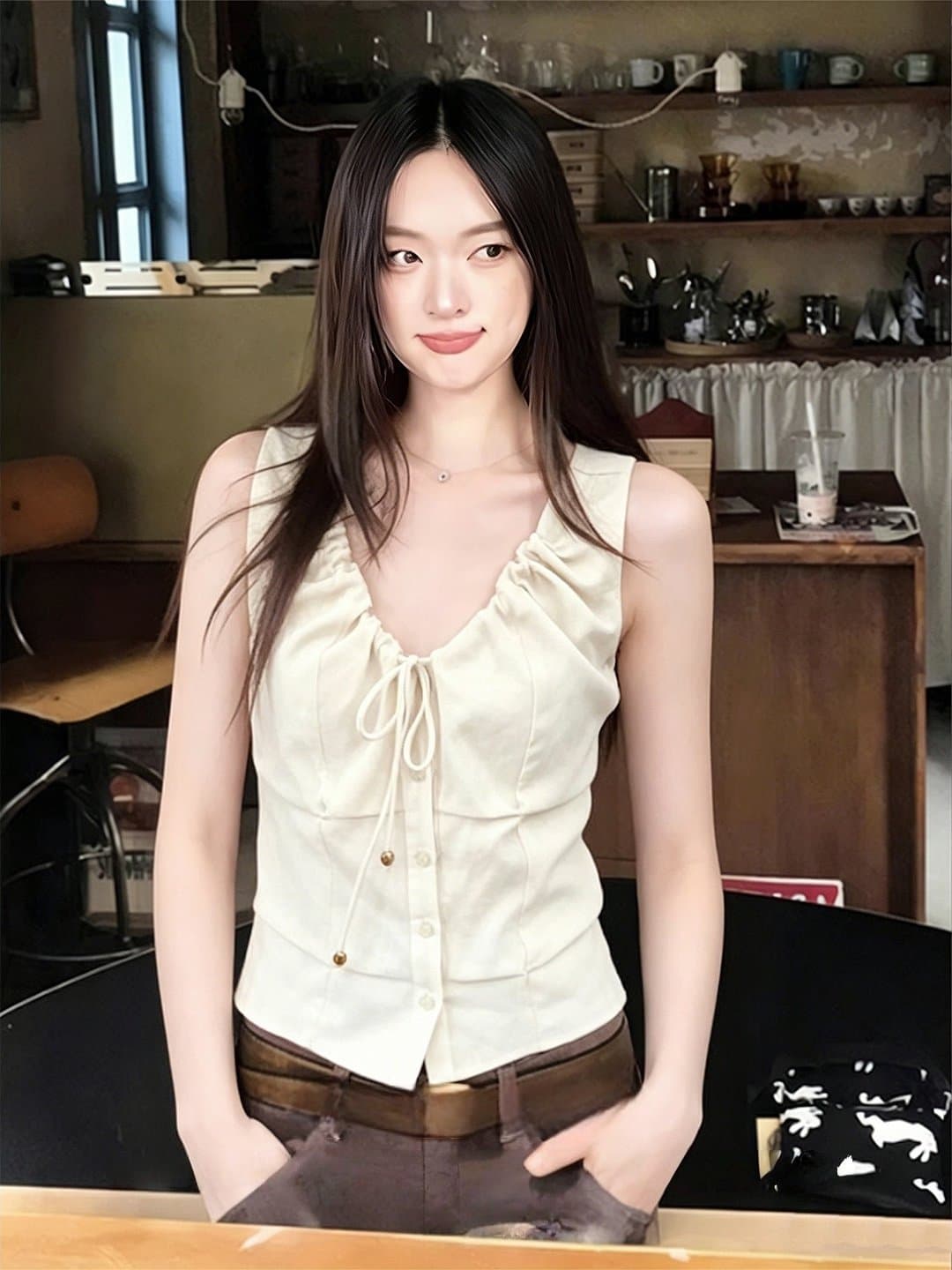 원본 품질 네리 아메리칸 레트로 핫걸 V넥 조끼 슬립 민소매 펌프 로프 비즈 맨위 상세 이미지 2