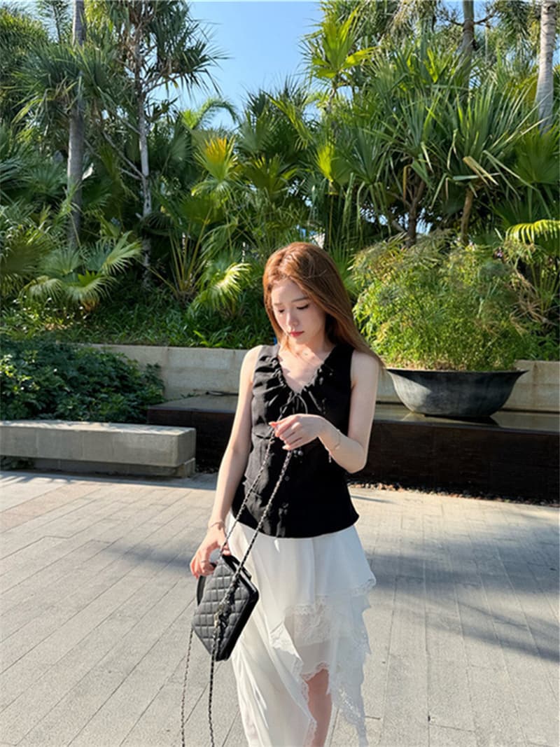 원본 품질 네리 아메리칸 레트로 핫걸 V넥 조끼 슬립 민소매 펌프 로프 비즈 맨위 상세 이미지 9