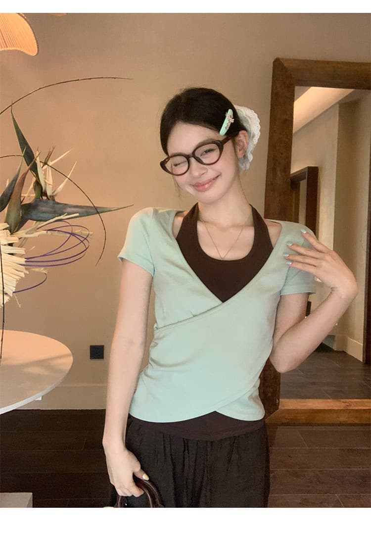 원본 사람들 면 260 그램 핑크색 페이크 레이어드 행침 목 반팔 티셔츠 여름 핫걸 쇼트 스타일 작은 맨위 상세 이미지 11