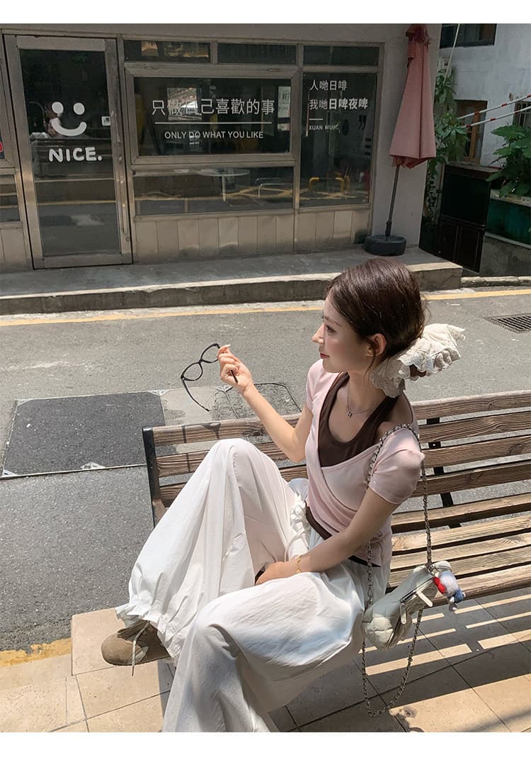 원본 사람들 면 260 그램 핑크색 페이크 레이어드 행침 목 반팔 티셔츠 여름 핫걸 쇼트 스타일 작은 맨위 상세 이미지 20
