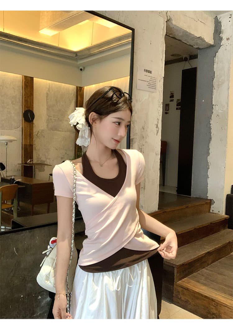 원본 사람들 면 260 그램 핑크색 페이크 레이어드 행침 목 반팔 티셔츠 여름 핫걸 쇼트 스타일 작은 맨위 상세 이미지 22