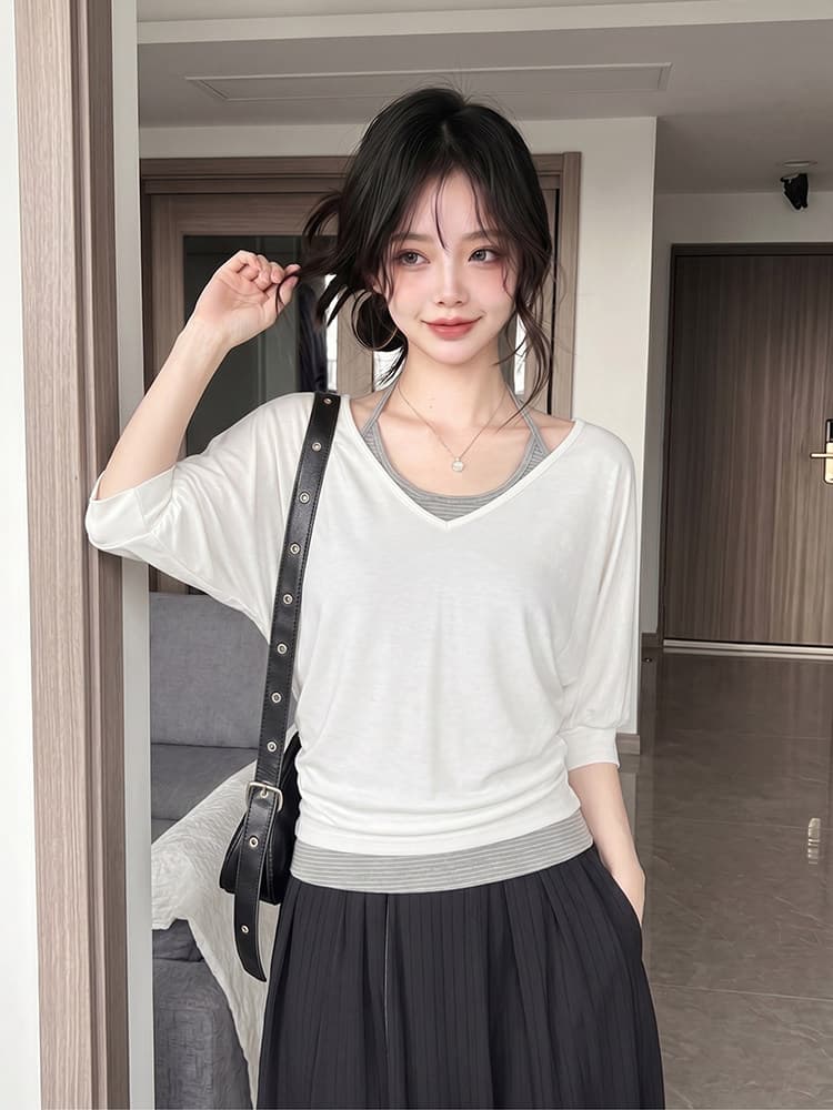 원본 사람들 면 260 그램 화이트 V넥 중간 소매 티셔츠 여름 행침 목 캐미솔 투피스 슈트 상세 이미지 4