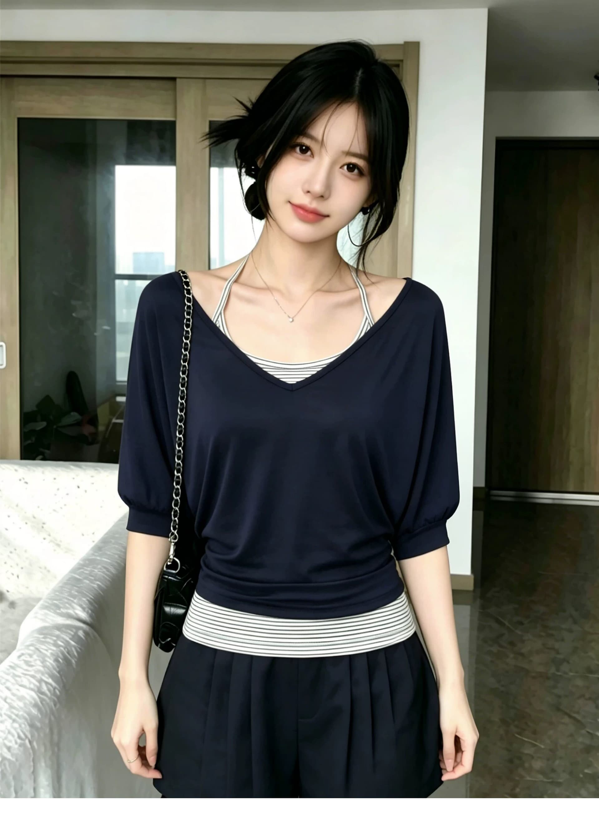 원본 사람들 면 260 그램 화이트 V넥 중간 소매 티셔츠 여름 행침 목 캐미솔 투피스 슈트 상세 이미지 8