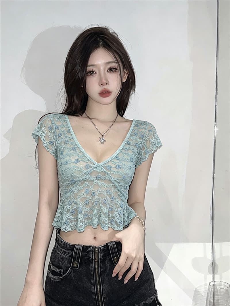 프랑스식 부드러운 바람 슈퍼 잘 생긴 V넥 Feifei 소매 쇼트 스타일 티셔츠 여성 여름 핫걸 섹시함 레이스 작은 맨위 이미지 2