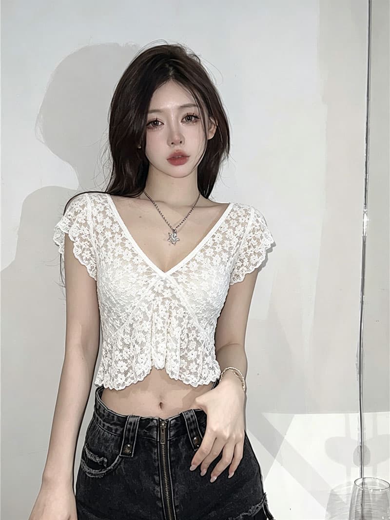 프랑스식 부드러운 바람 슈퍼 잘 생긴 V넥 Feifei 소매 쇼트 스타일 티셔츠 여성 여름 핫걸 섹시함 레이스 작은 맨위 상세 이미지 4