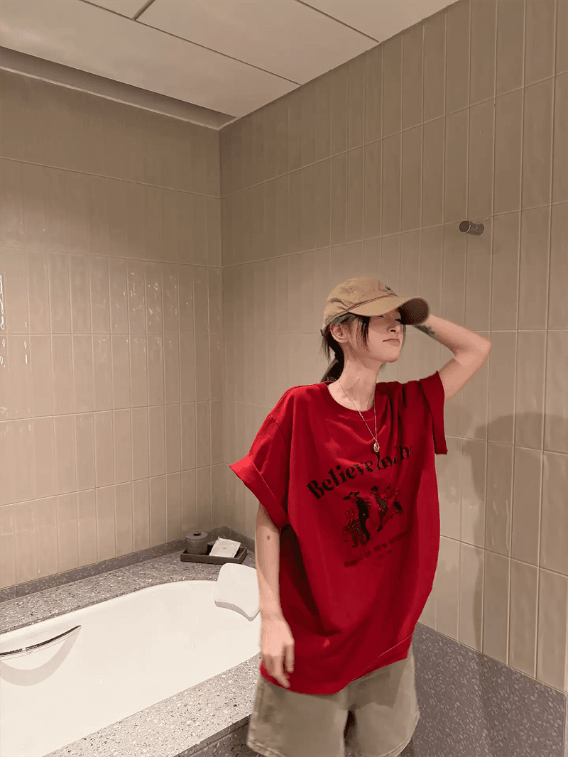 경관 그림 21 순면 210 그램 이후 패키지 칼라 여름 드레스 한 부서 반팔 티셔츠 여성 한국 스타일 루즈핏 빅 사이즈 프린트 이미지 3