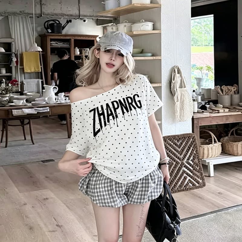 220 그램 40 순면 오스트리아 세대 서울 도트 무늬 비스듬한 어깨 반팔 티셔츠 여성