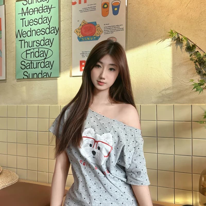 220 그램 40 순면 오스트리아 세대 서울 도트 무늬 비스듬한 어깨 반팔 티셔츠 여성 이미지 4