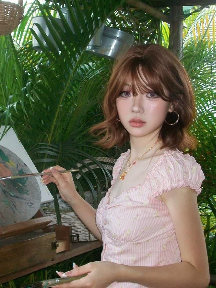 프랑스식 달콤함 핑크색 스트라이프 거품 소매 작은 맨위 여성 여름 순수한 욕망 바람 몸매 가꾸기 반팔 작은 청신 꽃무늬 셔츠 상세 이미지 7