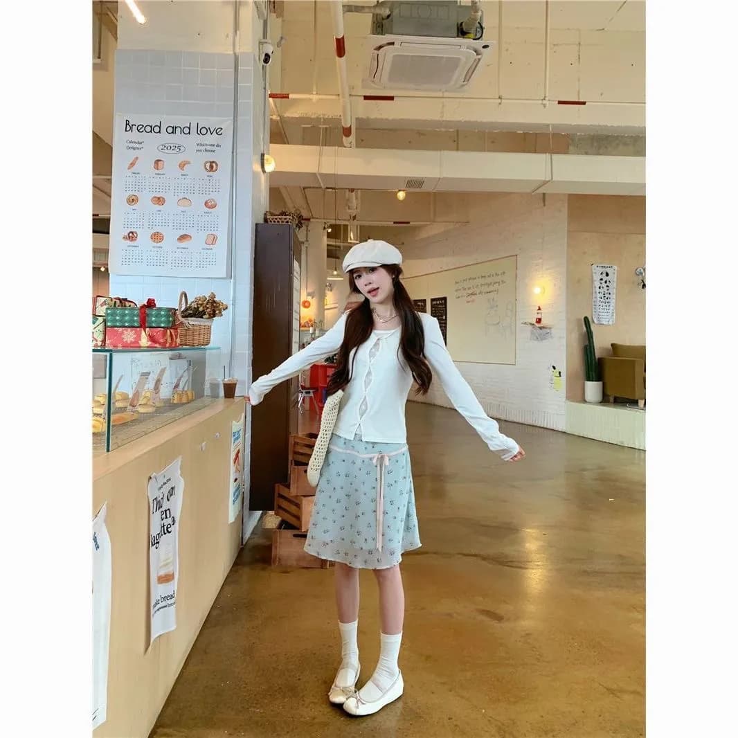 2026 달콤함 새로운 신선함 꽃무늬 반신 스커트 한 부서 슬림해 보이는 나비 넥타이 미니 스커트 이미지 4