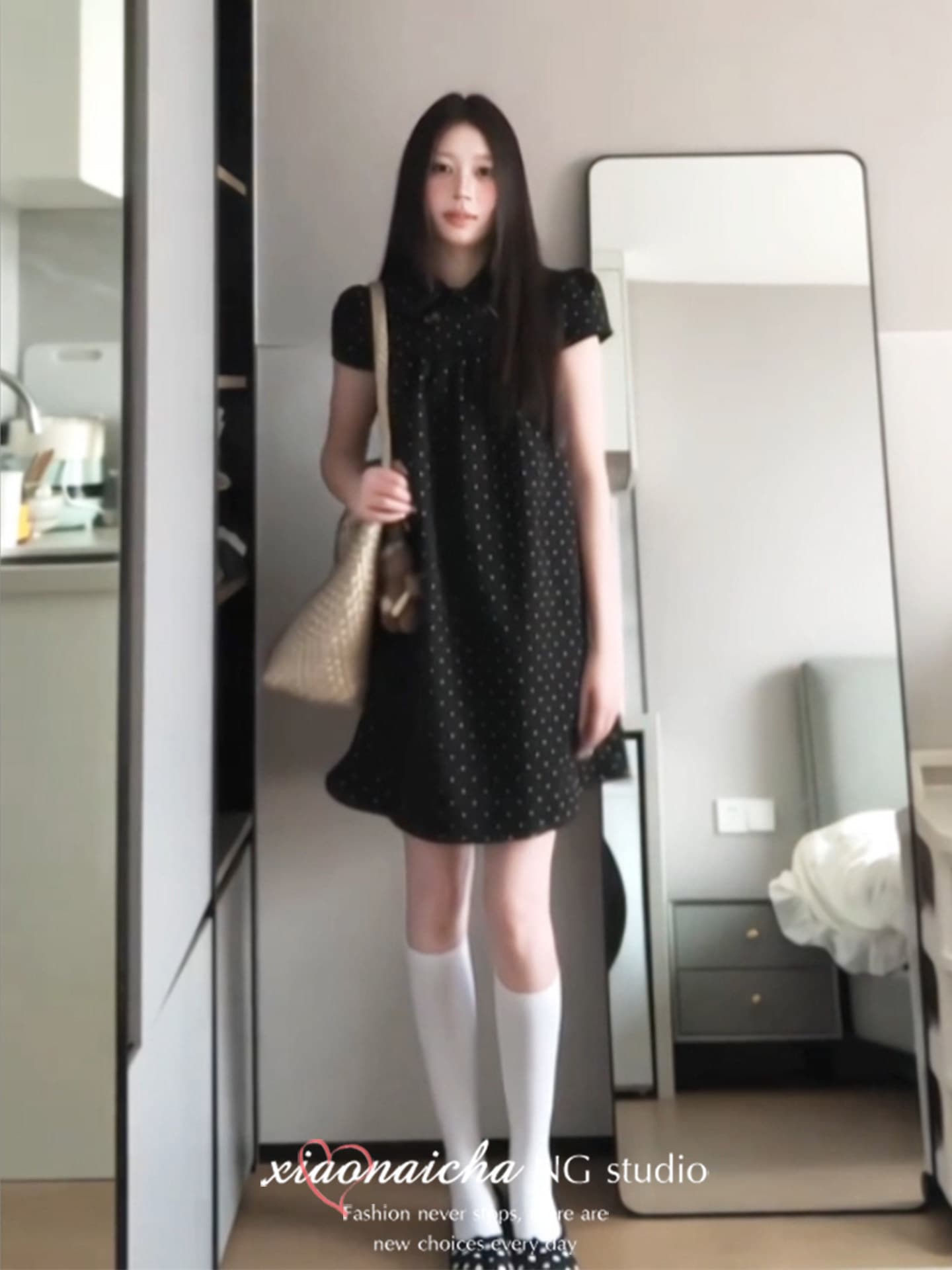 일본식 레트로 검정색 도트 무늬 베이비 칼라 반팔 여성 드레스 여름 새로운 고급 센스 패션 루즈핏 미니 스커트 상세 이미지 6