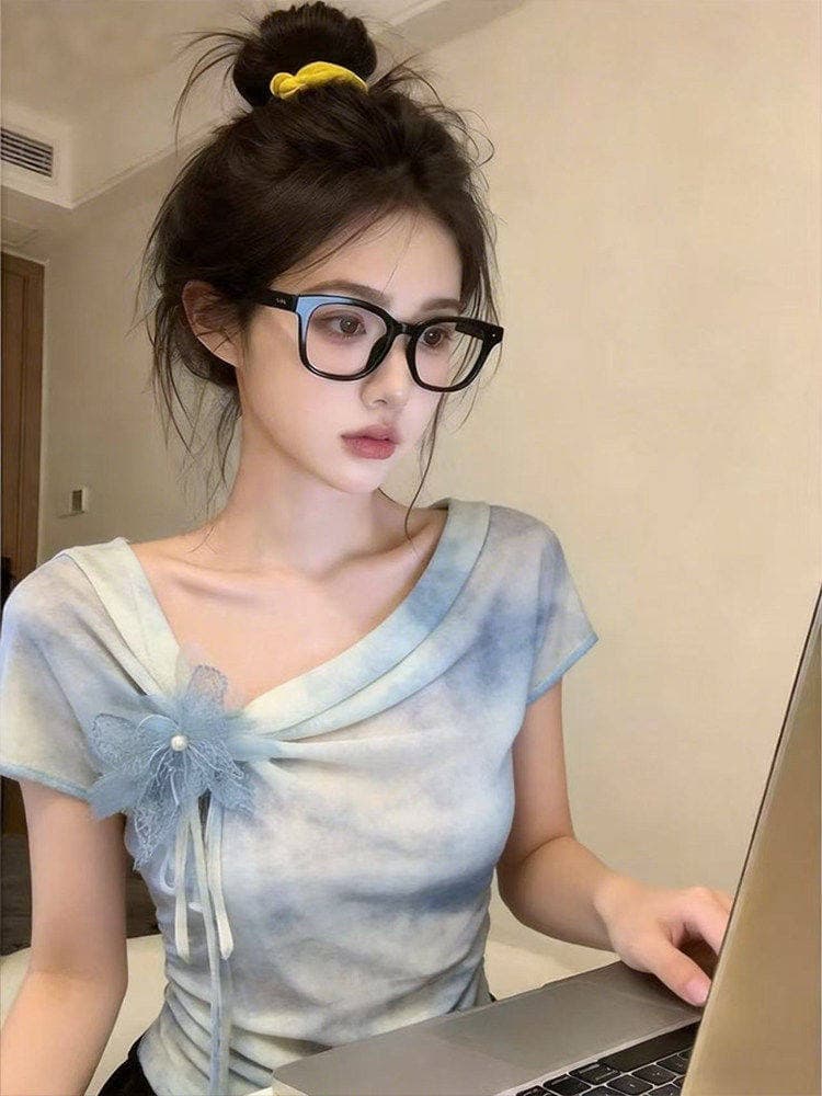 빅 사이즈 지방 mm 프랑스식 몸매 가꾸기 홀치기 염색 나비 레이스업 반팔 티셔츠 디자인 센스 여름 달콤한 핫걸 흔들다 칼라 맨위 상세 이미지 2