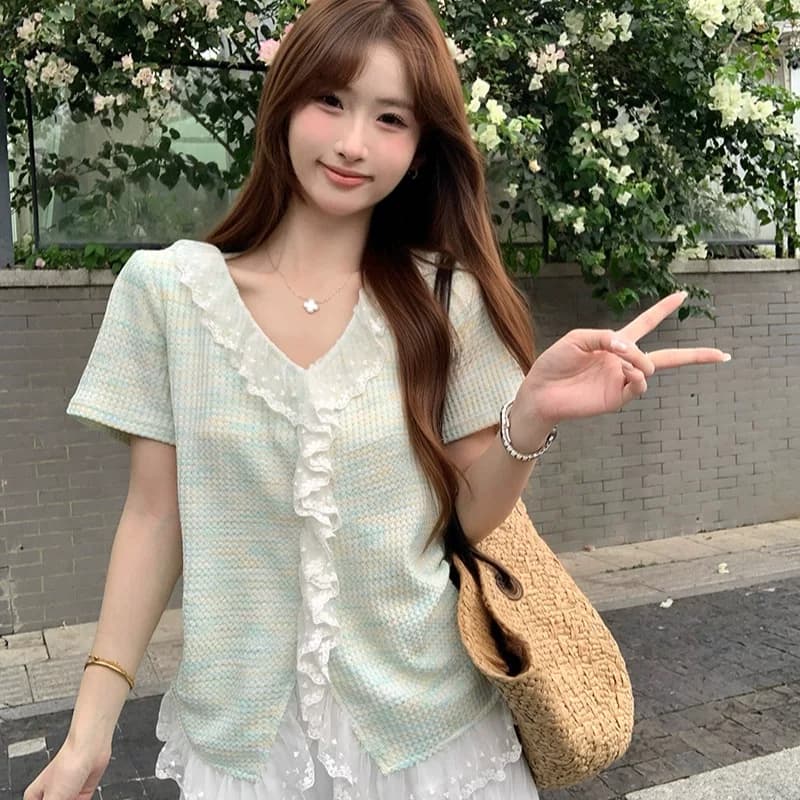 빅 사이즈 여성 의류 여름 새로운 지방 mm 고급 센스 패치워크 레이스 레이스 Chic 작은 셔츠 슬림해 보이는 맨위 이미지 3