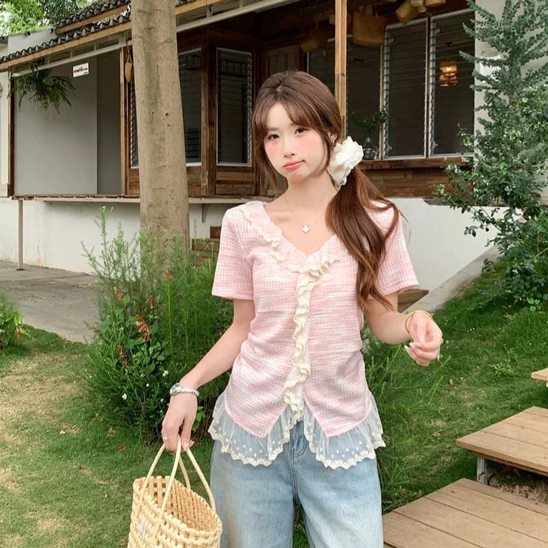 빅 사이즈 여성 의류 여름 새로운 지방 mm 고급 센스 패치워크 레이스 레이스 Chic 작은 셔츠 슬림해 보이는 맨위 이미지 5