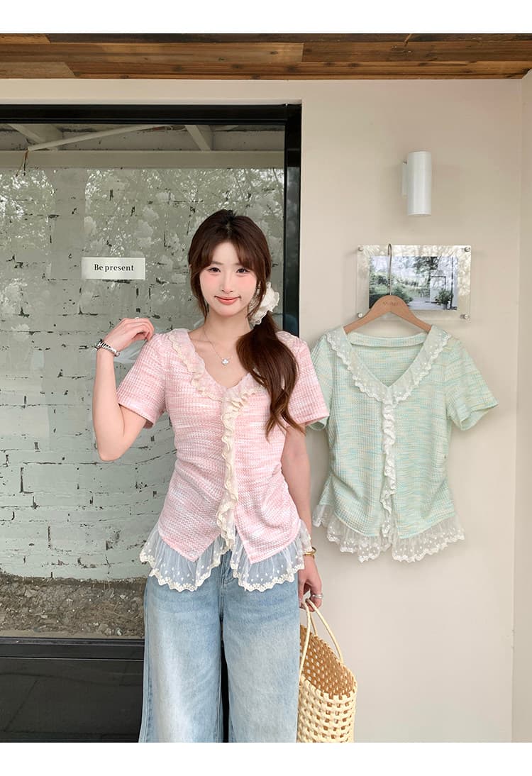 빅 사이즈 여성 의류 여름 새로운 지방 mm 고급 센스 패치워크 레이스 레이스 Chic 작은 셔츠 슬림해 보이는 맨위 상세 이미지 3