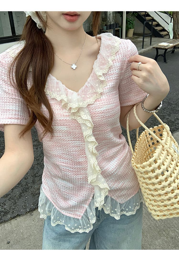 빅 사이즈 여성 의류 여름 새로운 지방 mm 고급 센스 패치워크 레이스 레이스 Chic 작은 셔츠 슬림해 보이는 맨위 상세 이미지 8