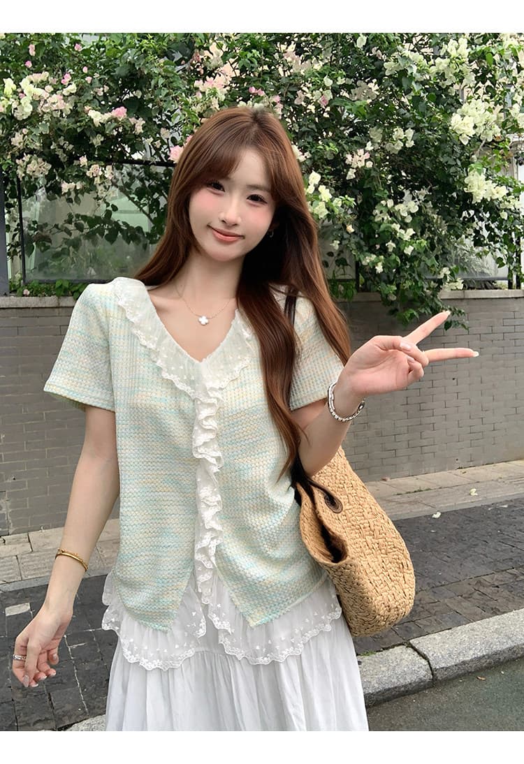 빅 사이즈 여성 의류 여름 새로운 지방 mm 고급 센스 패치워크 레이스 레이스 Chic 작은 셔츠 슬림해 보이는 맨위 상세 이미지 10