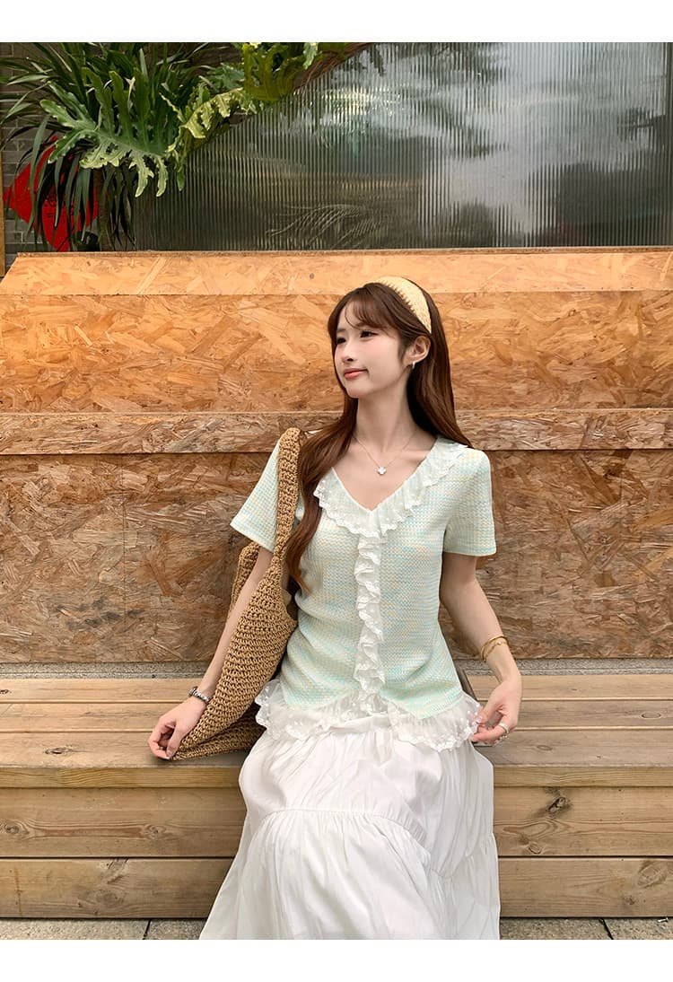 빅 사이즈 여성 의류 여름 새로운 지방 mm 고급 센스 패치워크 레이스 레이스 Chic 작은 셔츠 슬림해 보이는 맨위 상세 이미지 13