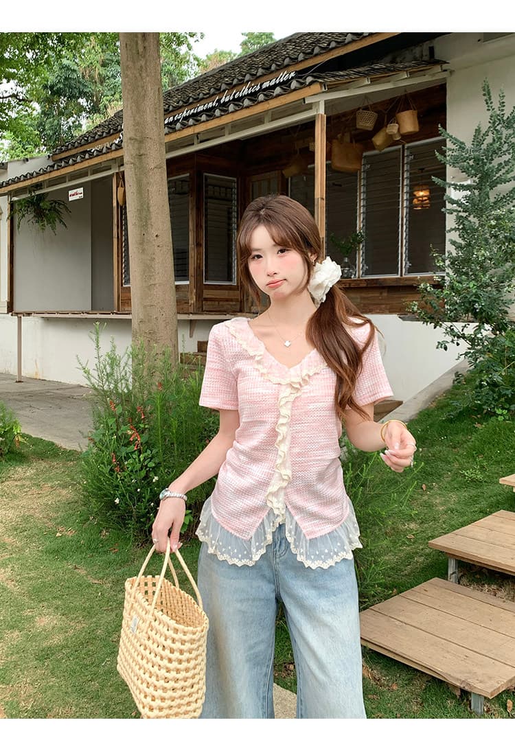 빅 사이즈 여성 의류 여름 새로운 지방 mm 고급 센스 패치워크 레이스 레이스 Chic 작은 셔츠 슬림해 보이는 맨위 상세 이미지 17