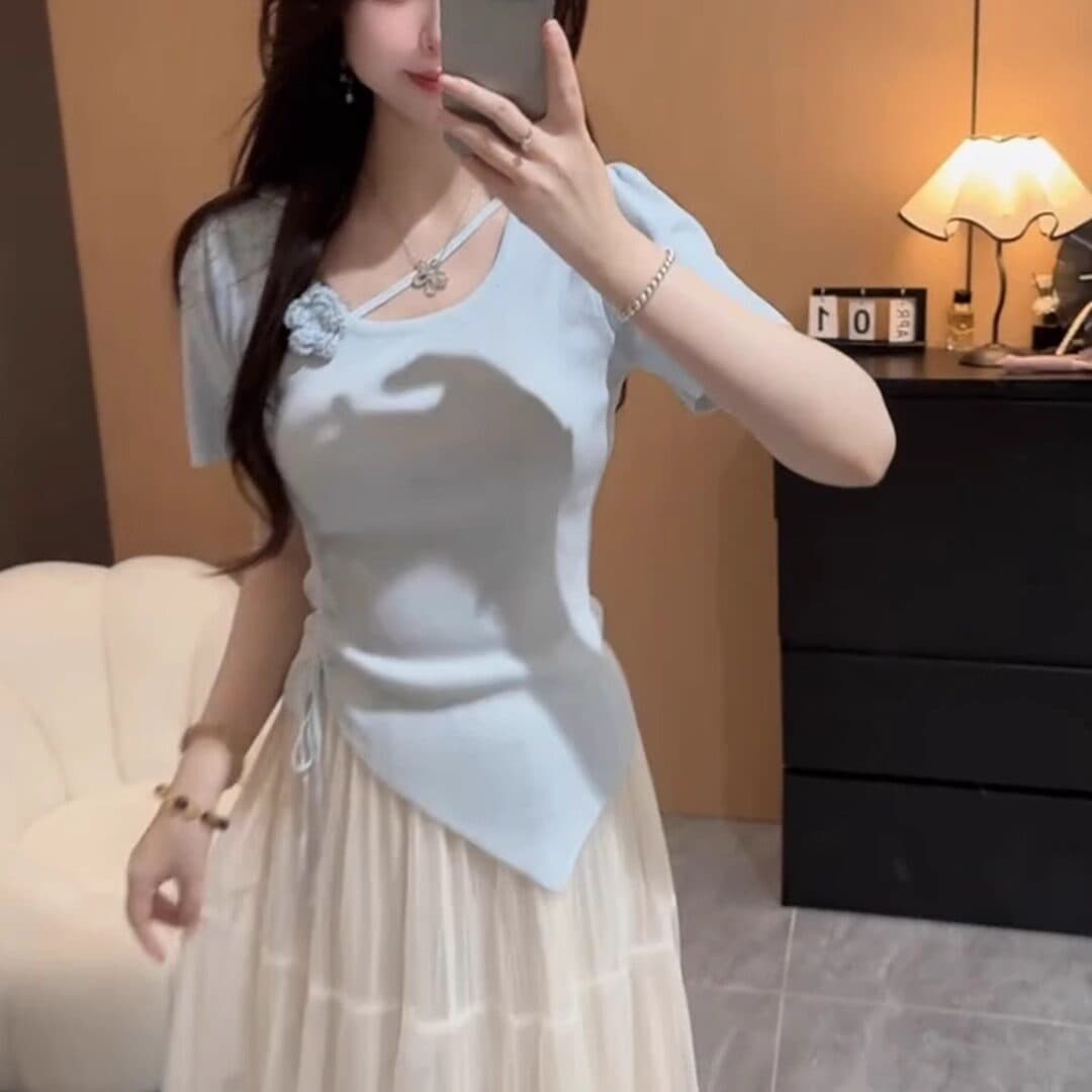 빅 사이즈 지방 mm 한 부서 미니멀리즘 3 차원 꽃 펌프 Pleat 반팔 니트 스웨터 여성 여름 외국 가스 슬림해 보이는 다용도 맨위 이미지 4