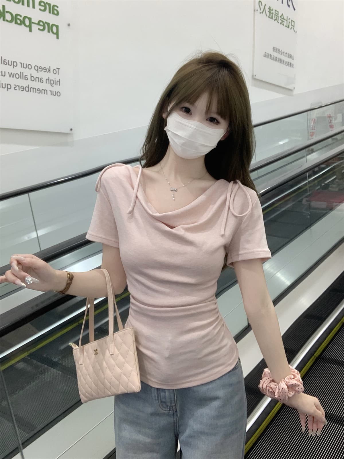 한국 스타일 부드러운 순수한 욕망 바람 레이스업 반팔 티셔츠 여성 여름 빅 사이즈 지방 mm 디자인 센스 주름 몸매 가꾸기 맨위 ins 상세 이미지 3