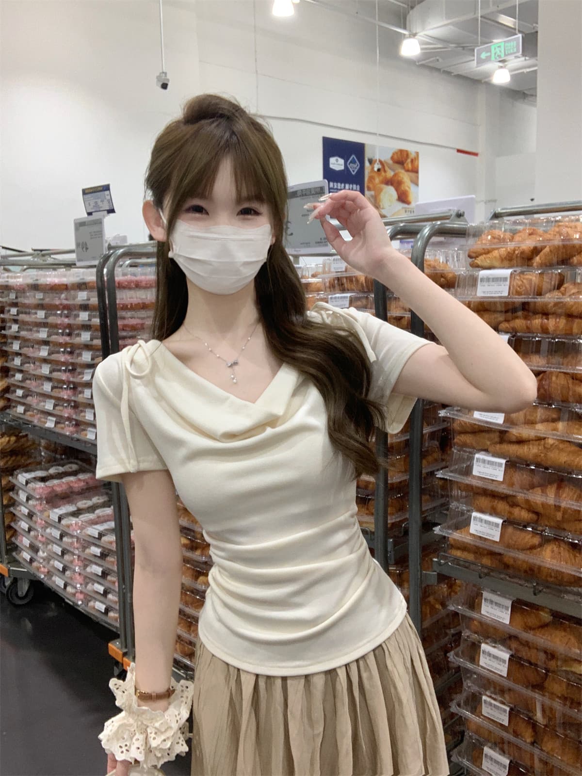 한국 스타일 부드러운 순수한 욕망 바람 레이스업 반팔 티셔츠 여성 여름 빅 사이즈 지방 mm 디자인 센스 주름 몸매 가꾸기 맨위 ins 상세 이미지 19