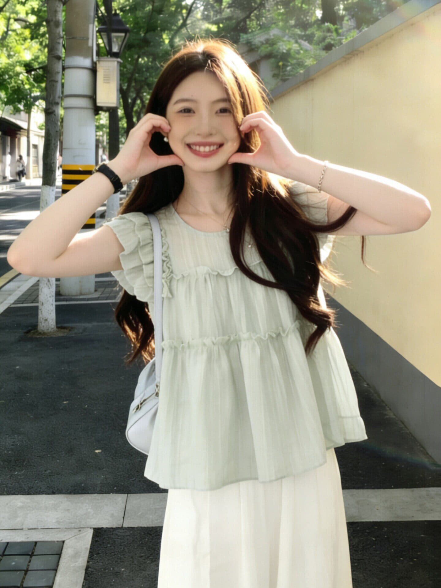 빅 사이즈 지방 mm 작은 청신 디자인 센스 프릴 녹색 여성 셔츠 여름 Chic 아름다운 작은 셔츠 작은 날다 소매 맨위 상세 이미지 2