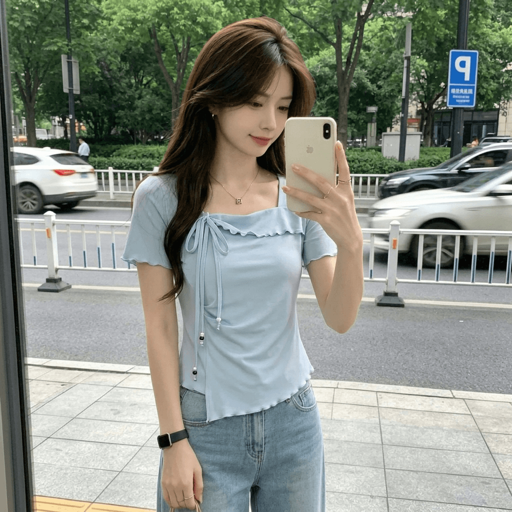 빅 사이즈 지방 mm 디자인 센스 레이스 레이스업 불규칙 반팔 티셔츠 여성 2026 새로운 여름 표지 배 슬림해 보이는 맨위 상세 이미지 2