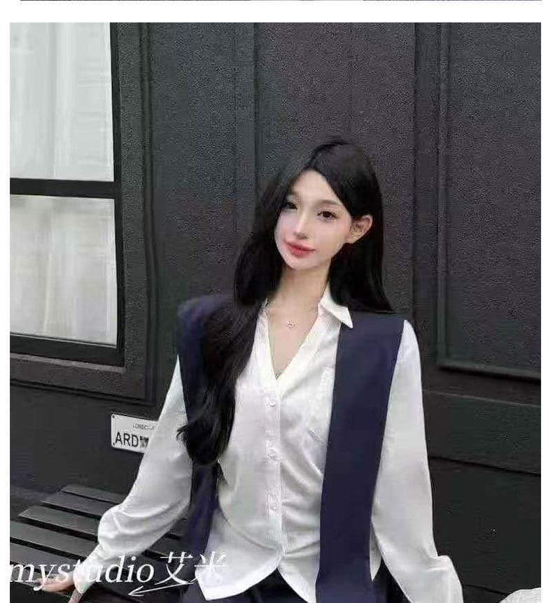 한 부서 허리 수축 파란색 여성 셔츠 이른 봄 착용 가져 가라. 고급 작은 대중 디자인 센스 품격 셔츠 다용도 맨위 상세 이미지 9