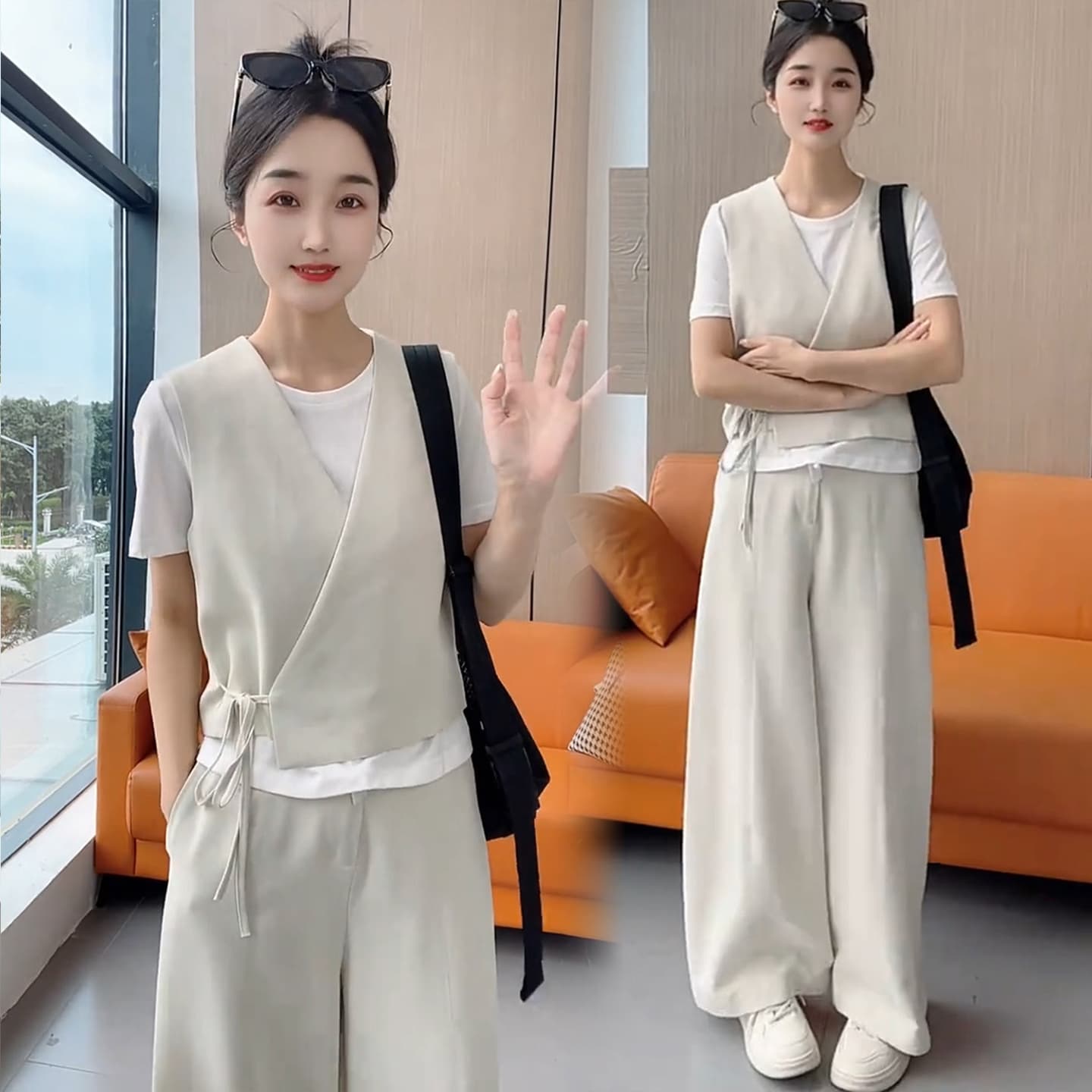 미니멀리즘 캐주얼 바람 베스트 반팔 와이드 레그 팬츠 두 조각 여성 세트 여름 새로운 패션 슬림해 보이는 품격 연령 감소 세트 이미지 3
