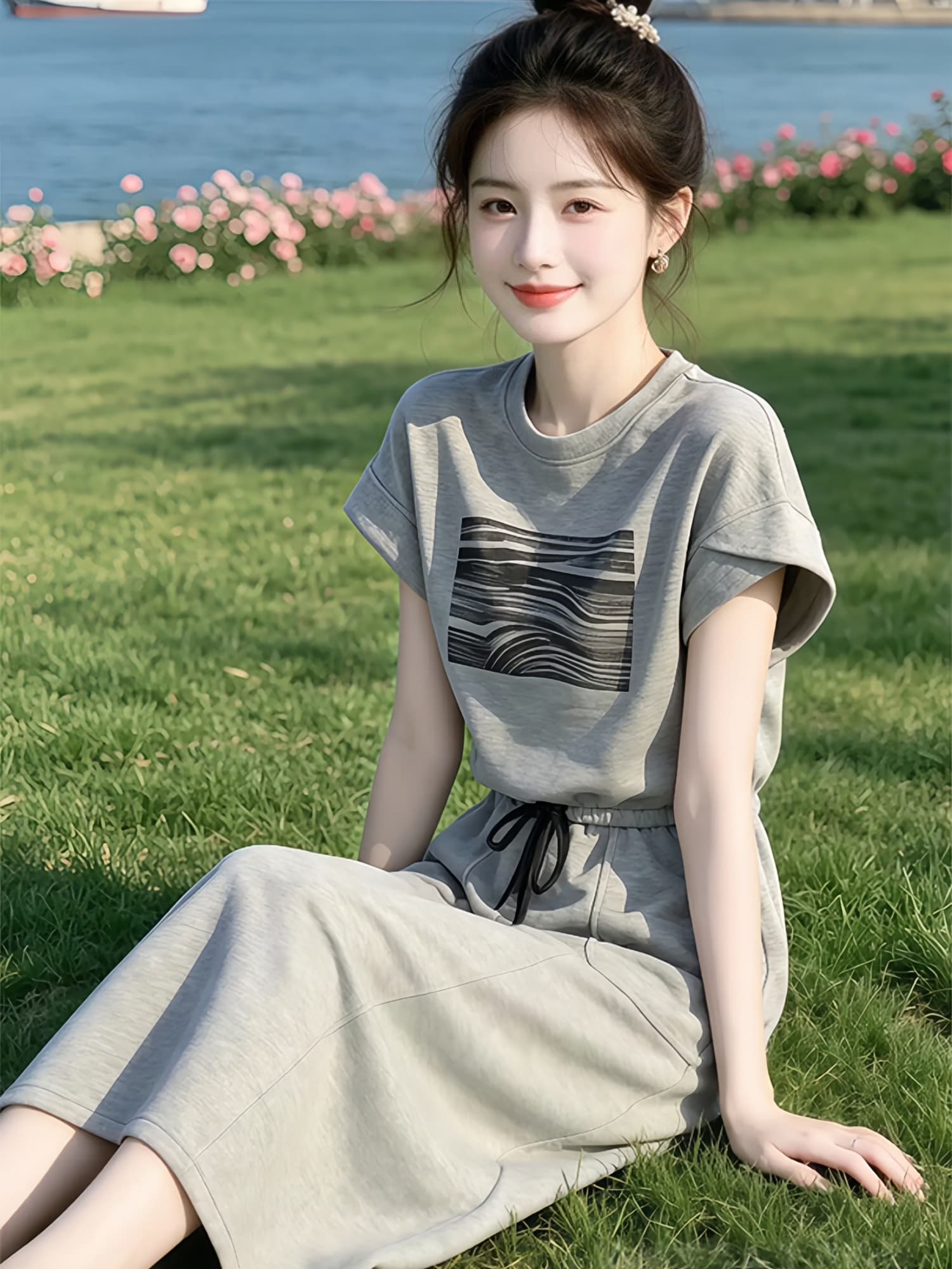 차가운 실크 코튼 2026 여름 새로운 패션 캐주얼 스포츠 슈트 여성 외국 가스 반팔 반신 스커트 투피스 세트 트렌디 상세 이미지 4