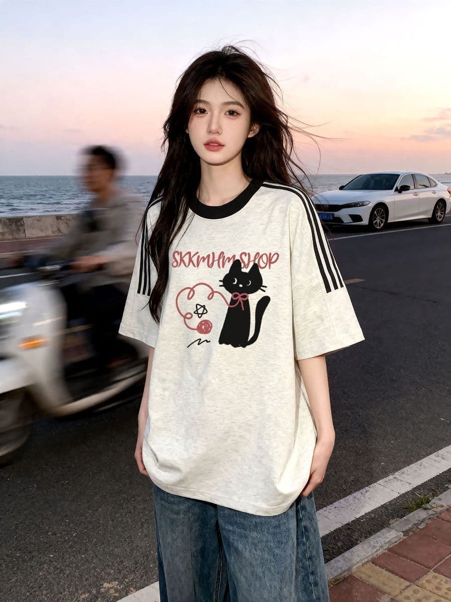 빗질하다 순면 230 크 순면 반팔 230 크 삽입 어깨 소매 3개 8 점 티셔츠 루즈핏 프린트