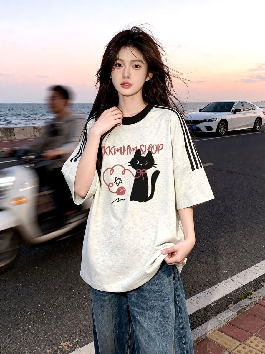 빗질하다 순면 230 크 순면 반팔 230 크 삽입 어깨 소매 3개 8 점 티셔츠 루즈핏 프린트 이미지 2