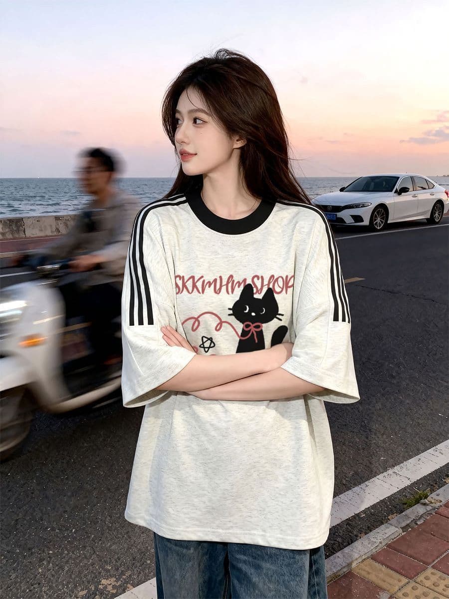 빗질하다 순면 230 크 순면 반팔 230 크 삽입 어깨 소매 3개 8 점 티셔츠 루즈핏 프린트 이미지 3