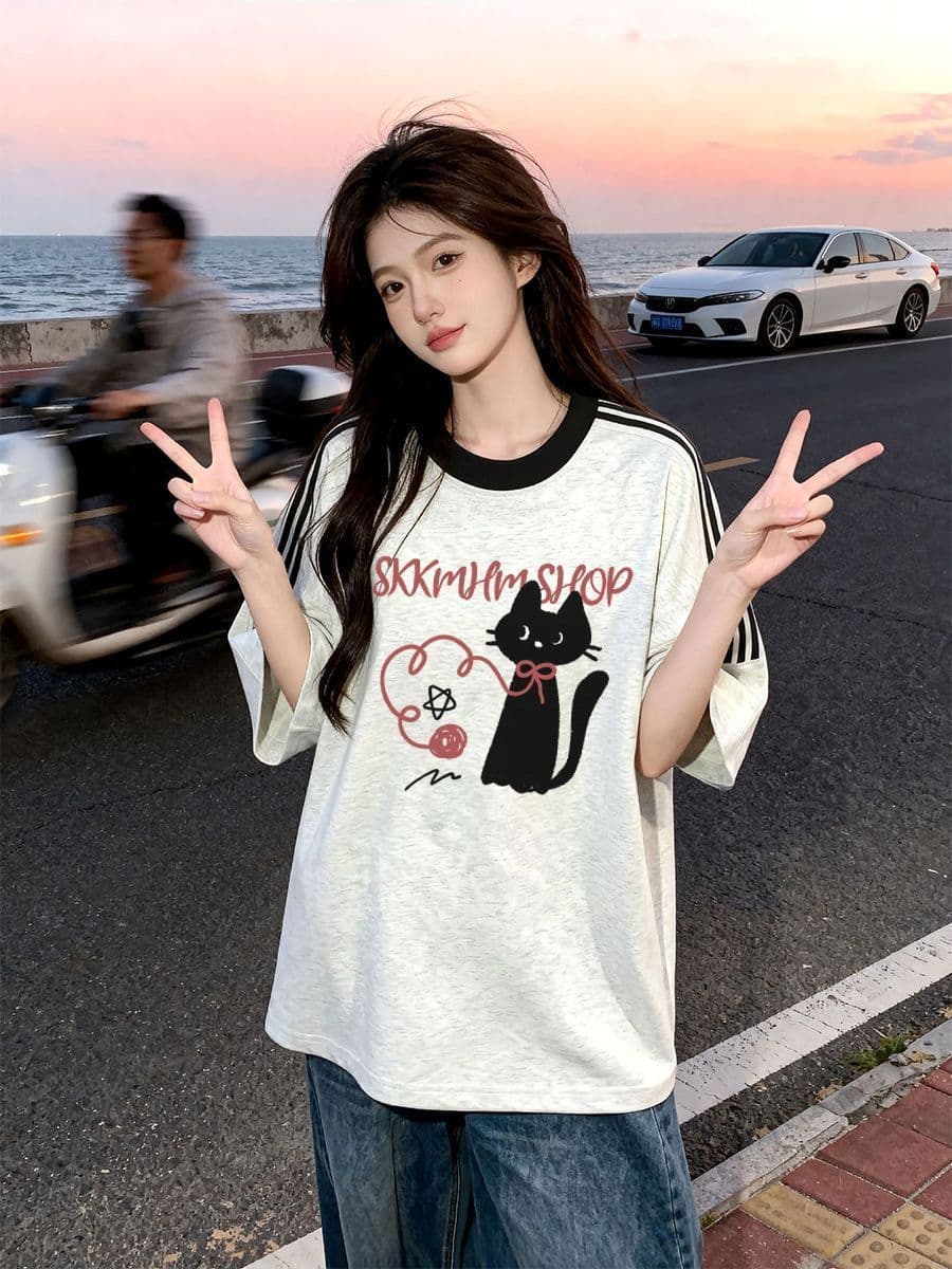 빗질하다 순면 230 크 순면 반팔 230 크 삽입 어깨 소매 3개 8 점 티셔츠 루즈핏 프린트 상세 이미지 2